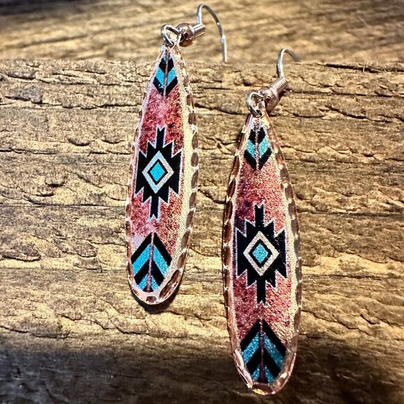COPPER ARTS INC. Jewelry - Boho Native American Navajo Red and Turquoise Copper Earrings, gift Box